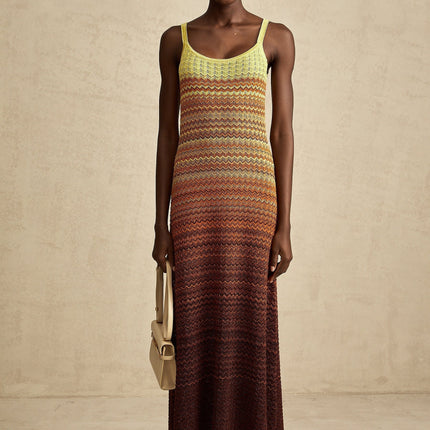 Martina Brown Gradient Maxi Dress Sleeveless Spaghetti Straps Scoop Neck Stretch Jersey Fabric Multicolor Knitted Design