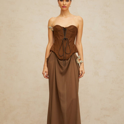 Martina Brown Butterfly-Pin Detail Lace-Up Corset Maxi Dress