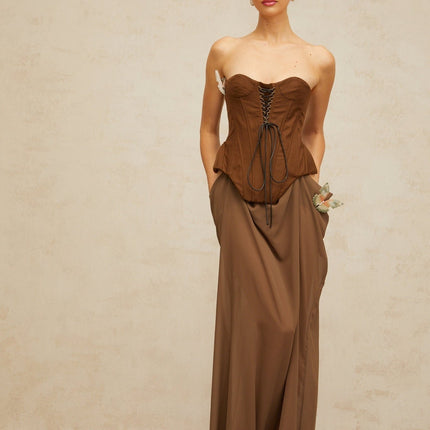 Martina Brown Butterfly-Pin Detail Maxi Dress Lace-Up Corset Boned Bodice Cinched Waist Shirred Effect Sweetheart Neckline Dramatic Length Special Occasion Luxurious Blend Terylene Nylon Sophistication Style