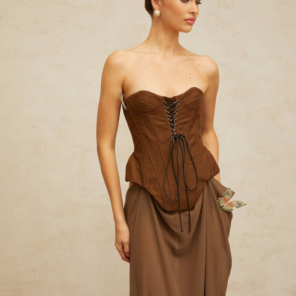 Martina Brown Butterfly-Pin Detail Maxi Dress Lace-Up Corset Boned Bodice Cinched Waist Sweetheart Neckline Shirred Effect Dramatic Length Special Occasion 80% Terylene 20% Nylon
