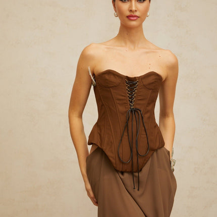 Martina Brown Butterfly-Pin Detail Maxi Dress Lace-Up Corset Boned Bodice Cinched Waist Shirred Sweetheart Neckline Dramatic Length Special Occasion Luxurious Blend Terylene Fiber Nylon Sophistication Style