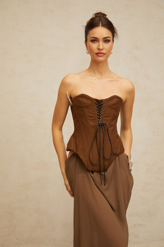 Martina Brown Butterfly-Pin Detail Maxi Dress Lace-Up Corset Boned Bodice Cinched Waist Shirred Sweetheart Neckline Dramatic Length Special Occasion Luxurious Blend Terylene Fiber Nylon Sophistication Style