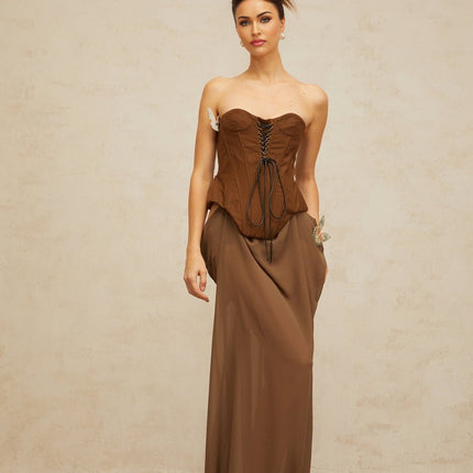 Martina Brown Butterfly-Pin Lace-Up Corset Maxi Dress