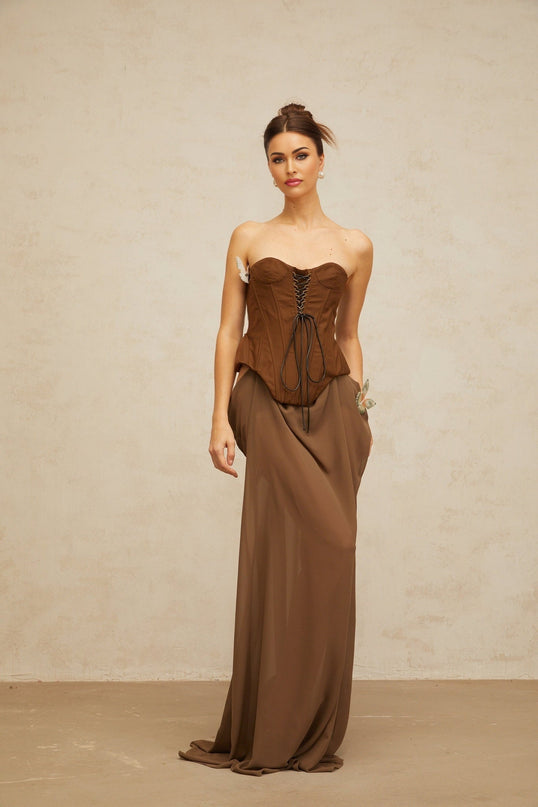 Martina Brown Butterfly-Pin Lace-Up Corset Maxi Dress