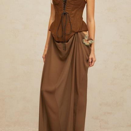 Martina Brown Butterfly-Pin Detail Lace-Up Corset Maxi Dress