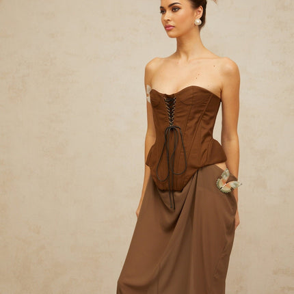 Martina Brown Butterfly-Pin Detail Maxi Dress Lace-Up Corset Boned Bodice Cinched Waist Sweetheart Neckline Shirred Effect Dramatic Length Special Occasion Luxurious Blend Terylene Nylon Sophistication Style
