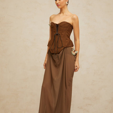 Martina Brown Butterfly-Pin Detail Maxi Dress Lace-Up Corset Boned Bodice Cinched Waist Shirred Effect Sweetheart Neckline Dramatic Length Special Occasion Luxurious Blend Terylene Fiber Nylon Sophistication Style