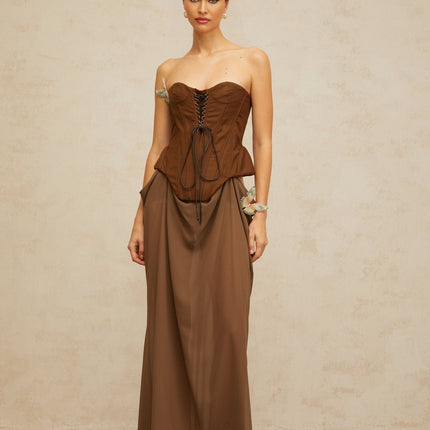 Martina Brown Butterfly-Pin Maxi Dress with Lace-Up Corset and Shirred Effect