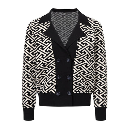 Mary Black Geometric Knit Cardigan Sweater V-Neck Double-Breasted Decorative Buttons Breathable Anti-Wrinkle Standard Thickness Fall Chic Computer-Knitted Versatile Must-Have Fashion-Forward Elegance Modern Charm