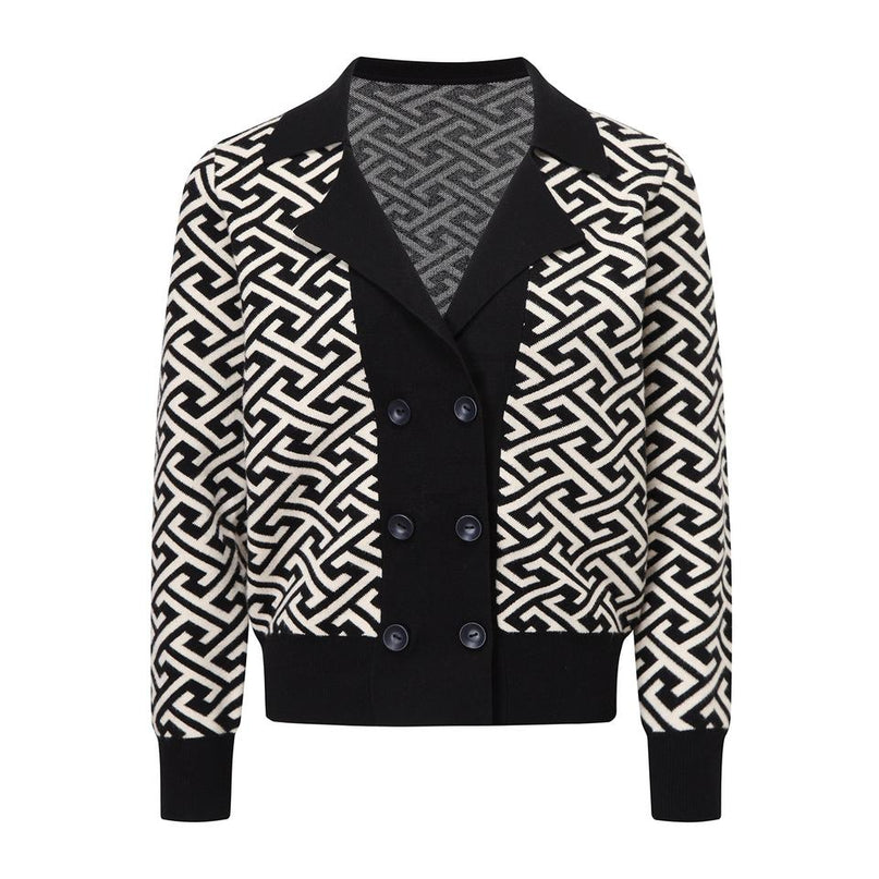 Mary Black Geometric Knit Cardigan Sweater V-Neck Double-Breasted Decorative Buttons Breathable Anti-Wrinkle Standard Thickness Fall Chic Computer-Knitted Versatile Must-Have Fashion-Forward Elegance Modern Charm