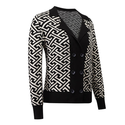 Mary Black Geometric Knit Cardigan Sweater V-Neckline Double-Breasted Closure Decorative Buttons Breathable Anti-Wrinkle Standard Thickness Fall Chic Computer-Knitted Versatile Must-Have Fashion-Forward Elegance Modern Charm