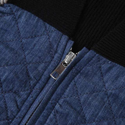 Mary Blue Color Block Patchwork Bomber Jacket Quilted Design Zipper Closure Stand-Up Collar Breathable Eco-Friendly Fall Winter Casual Outings Everyday Wear Fashion-Forward Women