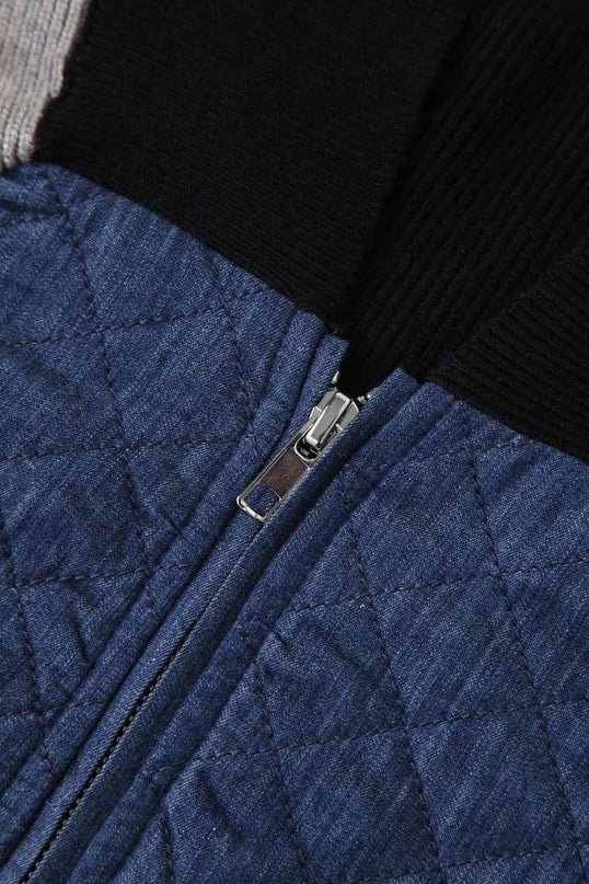Mary Blue Color Block Patchwork Bomber Jacket Quilted Design Zipper Closure Stand-Up Collar Breathable Eco-Friendly Fall Winter Casual Outings Everyday Wear Fashion-Forward Women