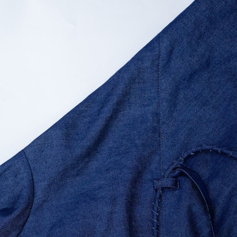 Mary wearing Blue Linen Blend Handmade Flower Cape Blazer