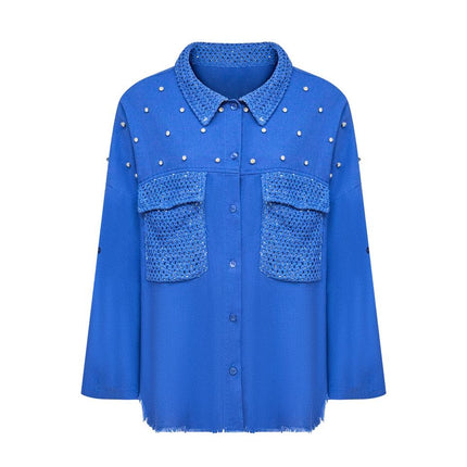 Mary wearing Blue Vintage Designer Blouse with Pearl Accents