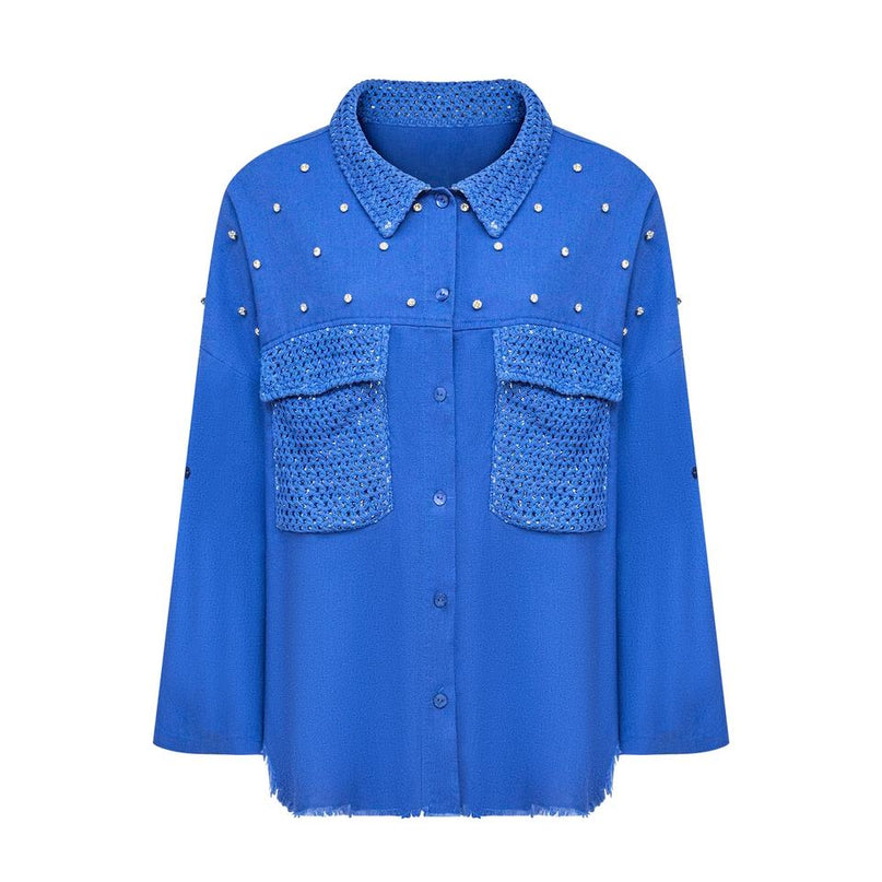 Mary wearing Blue Vintage Designer Blouse with Pearl Accents