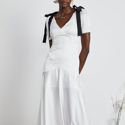 Mary Maxi Dress White Black Ribbon Pleat Bowknot Polyester Flared Hem Zip Fastening