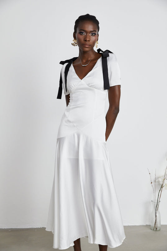 Mary Maxi Dress White Black Ribbon Pleat Bowknot Polyester Flared Hem Zip Fastening