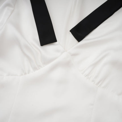 Mary Maxi Dress White Black Ribbon Pleat Bowknot Polyester Flared Hem