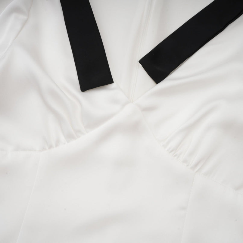 Mary Maxi Dress White Black Ribbon Pleat Bowknot Polyester Flared Hem