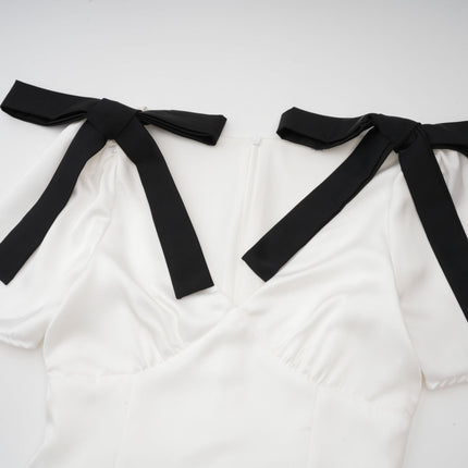 Mary Maxi Dress White Black Ribbon Pleat Bowknot Polyester Flared Hem Zip Elegant Chic V-neck Puff Sleeves Graceful Sophisticated Drama Timeless Elegance