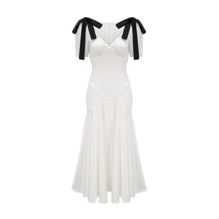Mary White and Black Maxi Dress with V-Neck and Puff Sleeves 100% Polyester Ribbon Pleat Bowknot Flared Hem Rear Zip Fastening