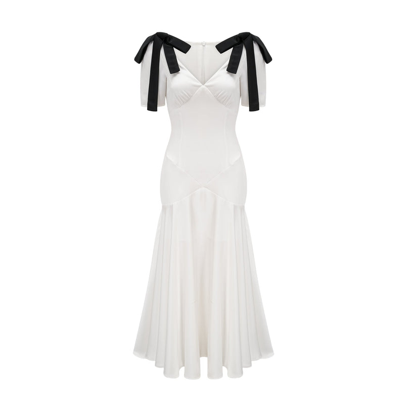 Mary White and Black Maxi Dress with V-Neck and Puff Sleeves 100% Polyester Ribbon Pleat Bowknot Flared Hem Rear Zip Fastening