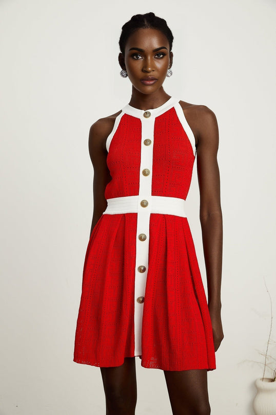 Mary Red Mini Dress with Pointelle Trim and Embossed Gold-tone Buttons