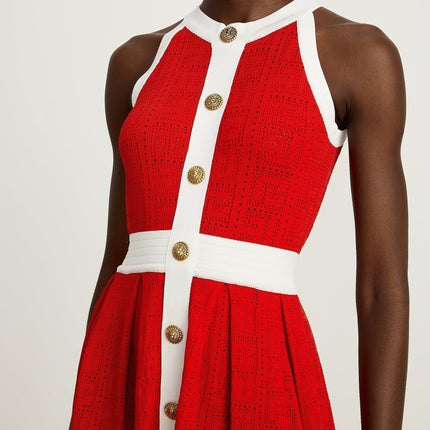 Mary Red Mini Dress with Pointelle Trim and Embossed Gold-tone Buttons