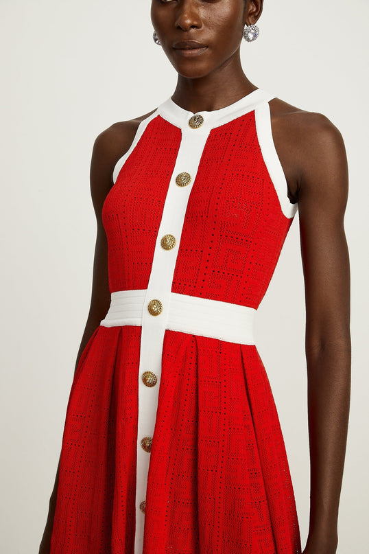 Mary Red Mini Dress with Pointelle Trim and Embossed Gold-tone Buttons