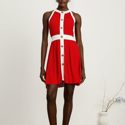 Mary Red Mini Dress Pointelle Trim Embossed Gold-tone Buttons Bateau Neck Pleated Skirt 100% Viscose Sleeveless Contrasting Trim Rear Zip Fastening Thigh-length Dress