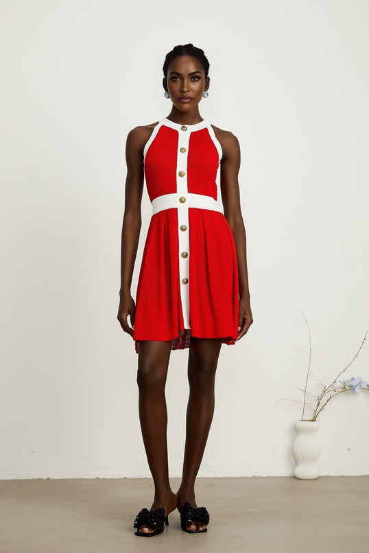 Mary Red Mini Dress Pointelle Trim Embossed Gold-tone Buttons Bateau Neck Pleated Skirt 100% Viscose Sleeveless Contrasting Trim Rear Zip Fastening Thigh-length Dress