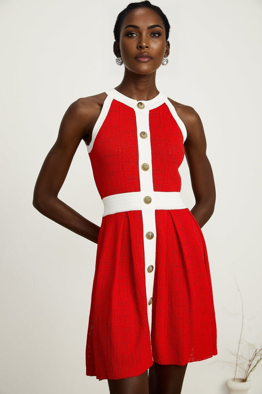 Mary Red Mini Dress with Pointelle Trim and Embossed Gold-tone Buttons