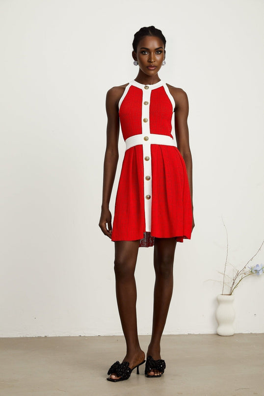 Mary Red Mini Dress Pointelle Trim Embossed Gold-tone Buttons Bateau Neck Pleated Skirt 100% Viscose Sleeveless Contrasting Trim Rear Zip Fastening Thigh-length Dress