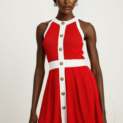 Mary Red Mini Dress with Pointelle Trim and Embossed Gold-tone Buttons
