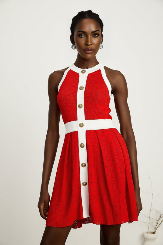 Mary Red Mini Dress with Pointelle Trim and Embossed Gold-tone Buttons