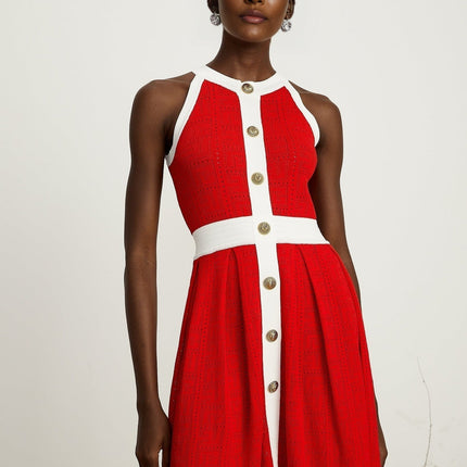 Mary Red Mini Dress Pointelle Trim Embossed Gold-tone Buttons Bateau Neck Pleated Skirt 100% Viscose Sleeveless Contrasting Trim Rear Zip Fastening Thigh-length