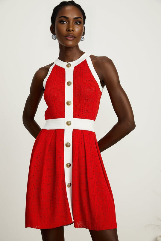 Mary Red Mini Dress Pointelle Trim Embossed Gold-tone Buttons Bateau Neck Pleated Skirt 100% Viscose Sleeveless Contrasting Trim Rear Zip Fastening Thigh-length Dress