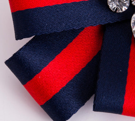 Mary wearing Red/Green Fabric Ribbon Bow Brooches with Rhinestones