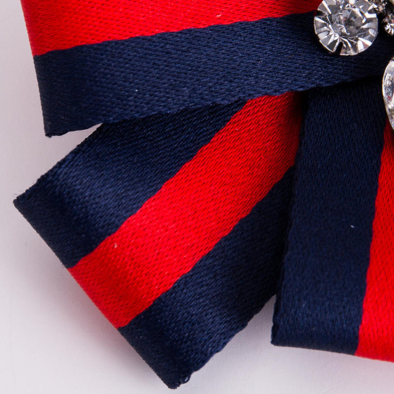 Mary wearing Red/Green Fabric Ribbon Bow Brooches with Rhinestones