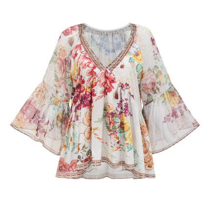 Mary White Floral Crystal Embellished Silk Blouse V-Neck Flared Cuffs Pleated Tulle Design
