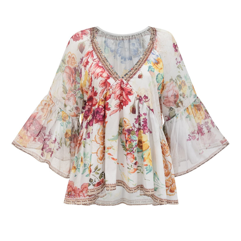 Mary White Floral Crystal Embellished Silk Blouse V-Neck Flared Cuffs Pleated Tulle Design
