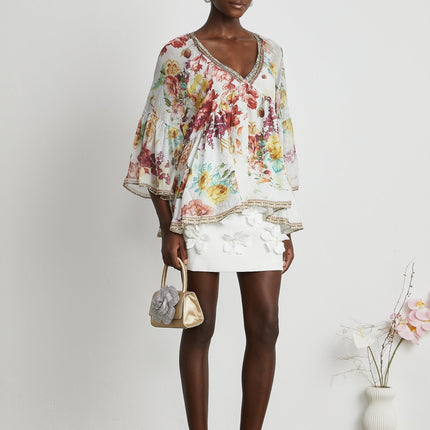 Mary White Floral Crystal Embellished Silk Blouse V-Neck Flared Cuffs Pleated Tulle Design