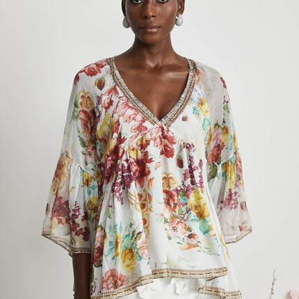 Mary White Floral Crystal Embellished Silk Blouse V-Neck Flared Cuffs Pleated Tulle Design