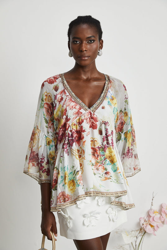 Mary White Floral Crystal Embellished Silk Blouse V-Neck Flared Cuffs Pleated Tulle Design