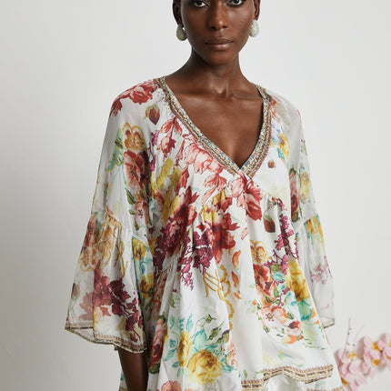 Mary White Floral Crystal Embellished Silk Blouse V-neckline Flared Cuffs Pleated Detailing Tulle Design