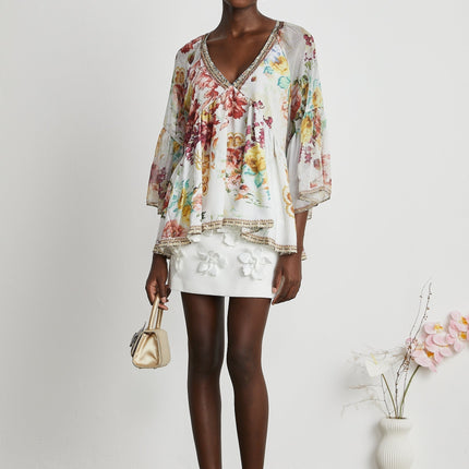 Mary White Floral Crystal Embellished Silk Blouse V-Neck Flared Cuffs Pleated Tulle Design