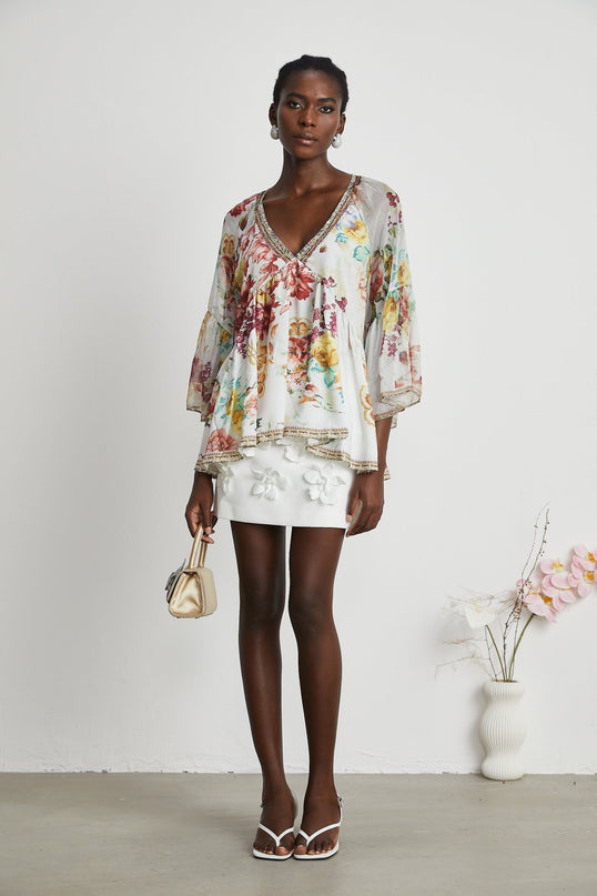 Mary White Floral Crystal Embellished Silk Blouse V-Neck Flared Cuffs Pleated Tulle Design