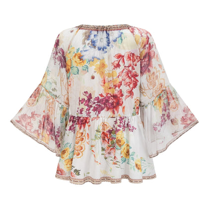 Mary White Floral Crystal Embellished Silk Blouse V-Neckline Flared Cuffs Pleated Detailing Tulle Design