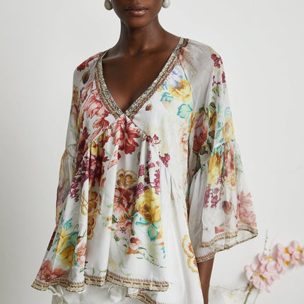 Mary White Floral Crystal Embellished Silk Blouse